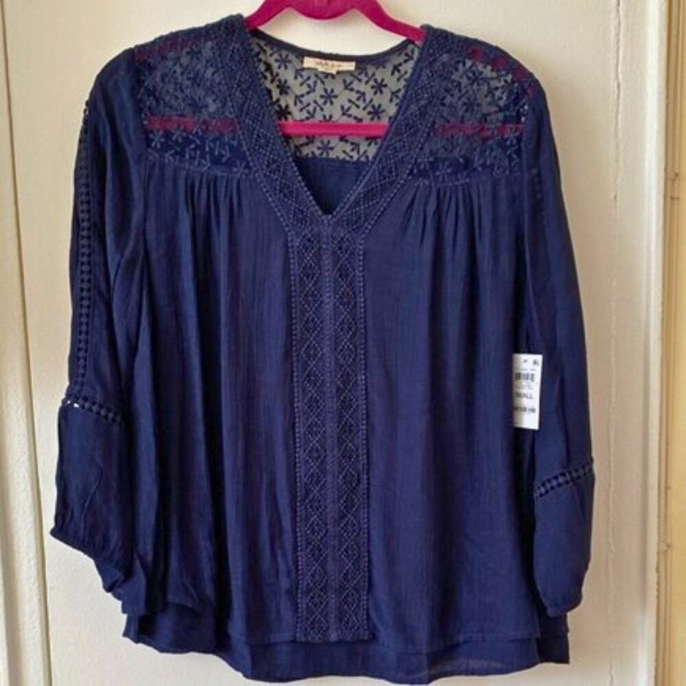 Style & Co Navy Blue Lace Peasant Top Small NWT Boho V-Neck